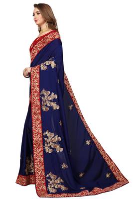 Blue Embroidered Satin Saree With Blouse 2