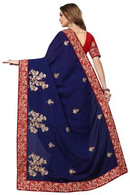 Blue Embroidered Satin Saree With Blouse 3