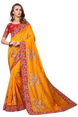 Yellow Embroidered Satin Saree With Blouse 1