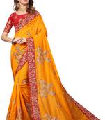 Yellow Embroidered Satin Saree With Blouse