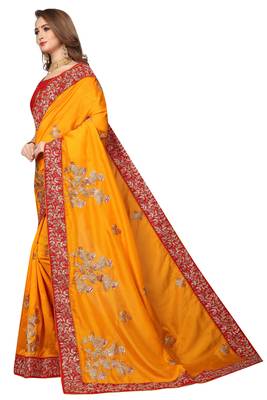 Yellow Embroidered Satin Saree With Blouse 2