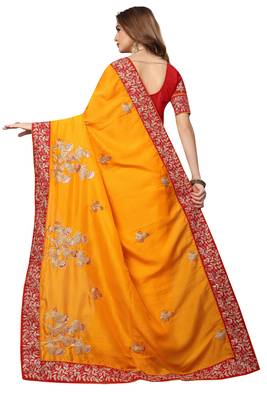 Yellow Embroidered Satin Saree With Blouse 3