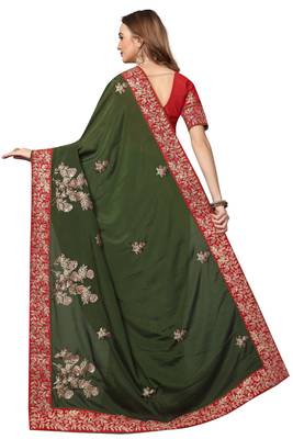 Green Embroidered Satin Saree With Blouse 3