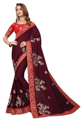 Wine Embroidered Satin Saree With Blouse 1