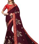 Wine Embroidered Satin Saree With Blouse