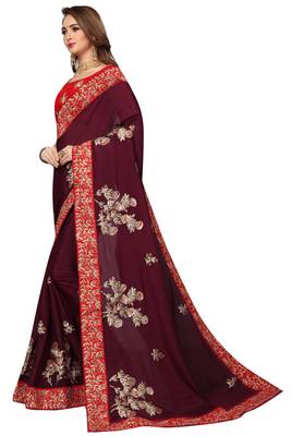 Wine Embroidered Satin Saree With Blouse 2