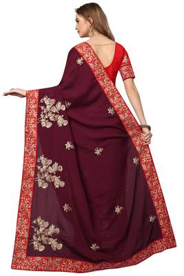 Wine Embroidered Satin Saree With Blouse 3