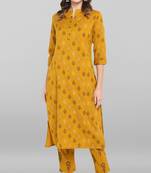 Janasya Women's Mustard Cotton Kurta With Pant