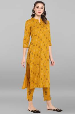 Janasya Women's Mustard Cotton Kurta With Pant 3
