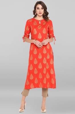 Janasya Women's Coral Red Rayon Kurta With Pant 1