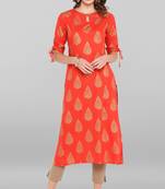 Janasya Women's Coral Red Rayon Kurta With Pant