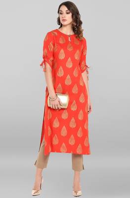 Janasya Women's Coral Red Rayon Kurta With Pant 2