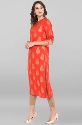 Janasya Women's Coral Red Rayon Kurta With Pant 3