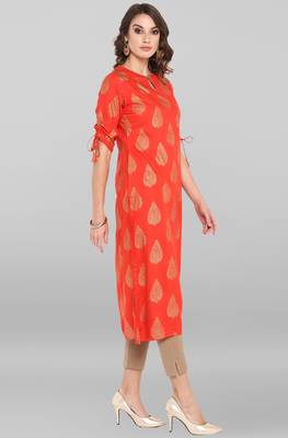 Janasya Women's Coral Red Rayon Kurta With Pant 4