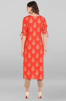 Janasya Women's Coral Red Rayon Kurta With Pant 5