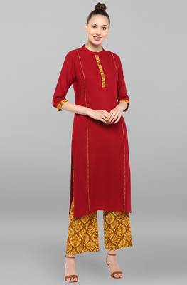 Janasya Women's Maroon Rayon Kurta With Palazzo 1