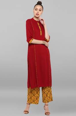 Janasya Women's Maroon Rayon Kurta With Palazzo 2