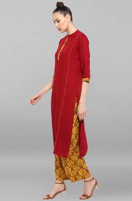 Janasya Women's Maroon Rayon Kurta With Palazzo 3