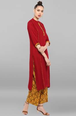 Janasya Women's Maroon Rayon Kurta With Palazzo 4