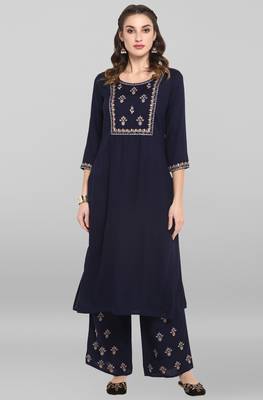Janasya Women's Navy Blue Rayon Slub Kurta With Palazzo 1
