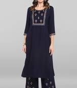 Janasya Women's Navy Blue Rayon Slub Kurta With Palazzo