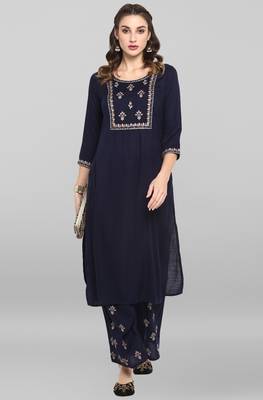 Janasya Women's Navy Blue Rayon Slub Kurta With Palazzo 2