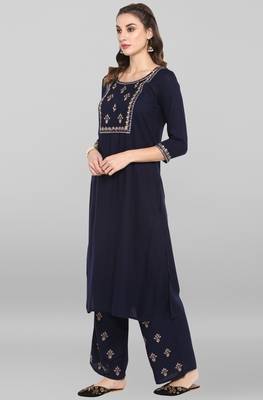 Janasya Women's Navy Blue Rayon Slub Kurta With Palazzo 3