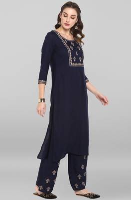 Janasya Women's Navy Blue Rayon Slub Kurta With Palazzo 4