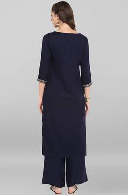 Janasya Women's Navy Blue Rayon Slub Kurta With Palazzo 5