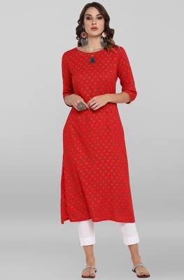 Janasya Women's Red Rayon Kurta With Pant 1