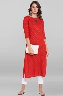 Janasya Women's Red Rayon Kurta With Pant 2