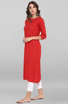 Janasya Women's Red Rayon Kurta With Pant 3