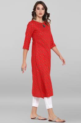 Janasya Women's Red Rayon Kurta With Pant 4