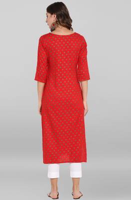 Janasya Women's Red Rayon Kurta With Pant 5