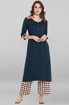 Janasya Women's Blue Rayon Kurta With Palazzo 1