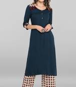 Janasya Women's Blue Rayon Kurta With Palazzo