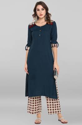 Janasya Women's Blue Rayon Kurta With Palazzo 2