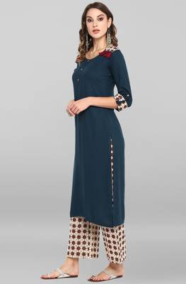 Janasya Women's Blue Rayon Kurta With Palazzo 3