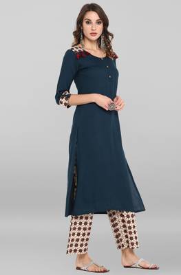 Janasya Women's Blue Rayon Kurta With Palazzo 4