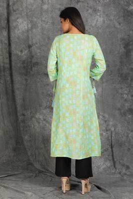 Pistachio Green Abstract Printed Cotton Kurti with Dori 2