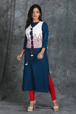 Teal Blue Plain Kurti with White Floral Embroidered Waist Coat 1