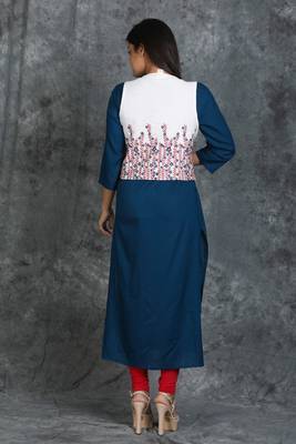 Teal Blue Plain Kurti with White Floral Embroidered Waist Coat 3