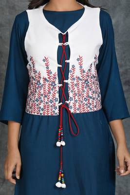 Teal Blue Plain Kurti with White Floral Embroidered Waist Coat 4