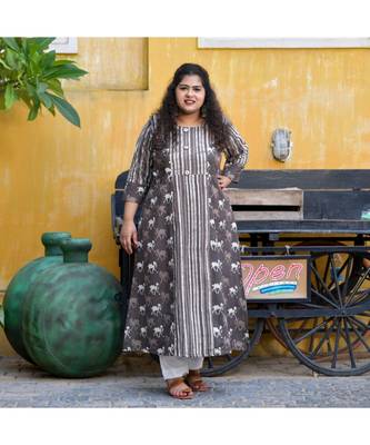 Grey dabu hand block a line slit kurta 1