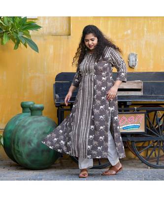 Grey dabu hand block a line slit kurta 4