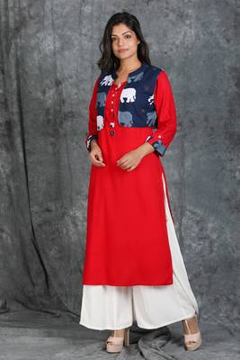 Vermillion Red Kurti with Running Stitch with Elephant motif Waist Coat 1