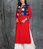 Vermillion Red Kurti with Running Stitch with Elephant motif Waist Coat