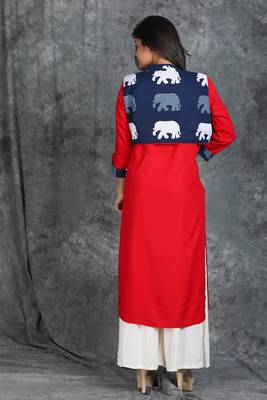 Vermillion Red Kurti with Running Stitch with Elephant motif Waist Coat 3