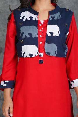 Vermillion Red Kurti with Running Stitch with Elephant motif Waist Coat 4