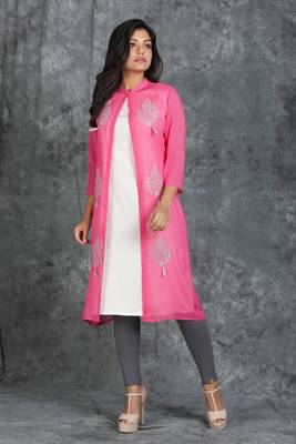 White Sleevless Kurti with Pink jeorgette Embroiderd jacket 1
